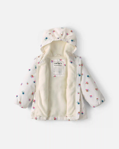 Baby Girl Floral Hooded Midweight Winter Jacket - Cream