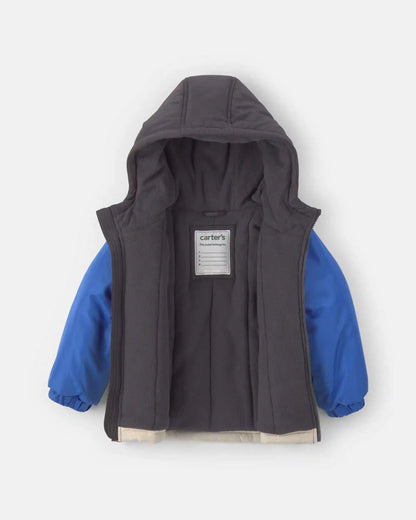 Toddler Boy 2-Piece Color Block Hooded Snowsuit Jacket & Bib Set - Blue/Red