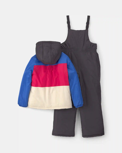 Boys 2-Piece Color Block Hooded Snowsuit Jacket & Bib Set -Blue/Red