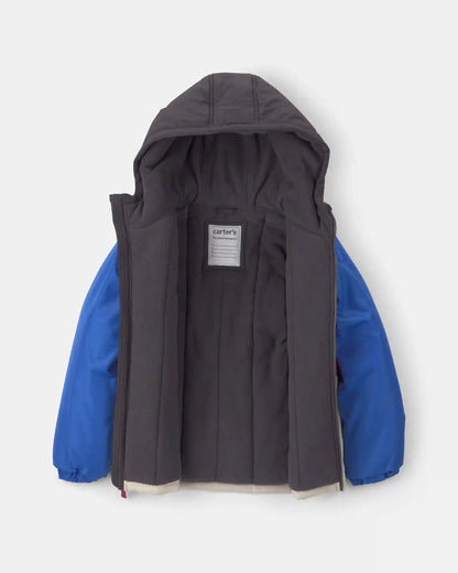 Boys 2-Piece Color Block Hooded Snowsuit Jacket & Bib Set -Blue/Red