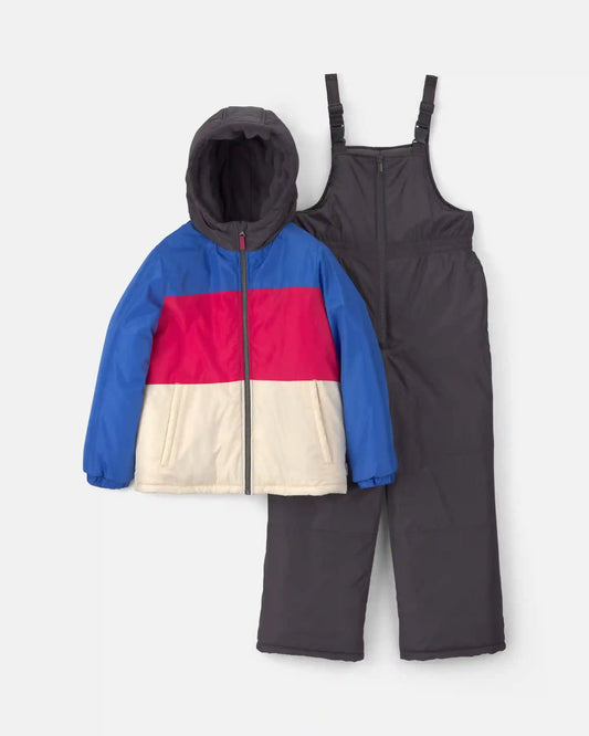 Boys 2-Piece Color Block Hooded Snowsuit Jacket & Bib Set -Blue/Red