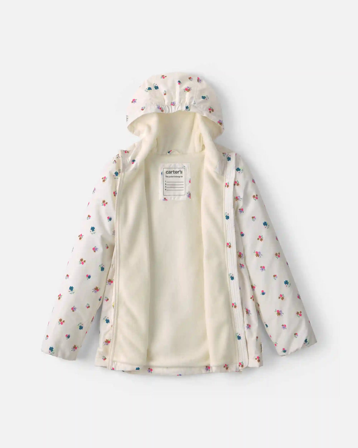 Girls Floral Hooded Midweight Winter Jacket - Cream