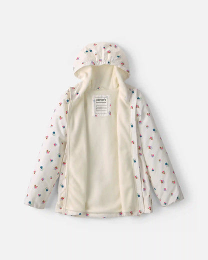 Girls Floral Hooded Midweight Winter Jacket - Cream