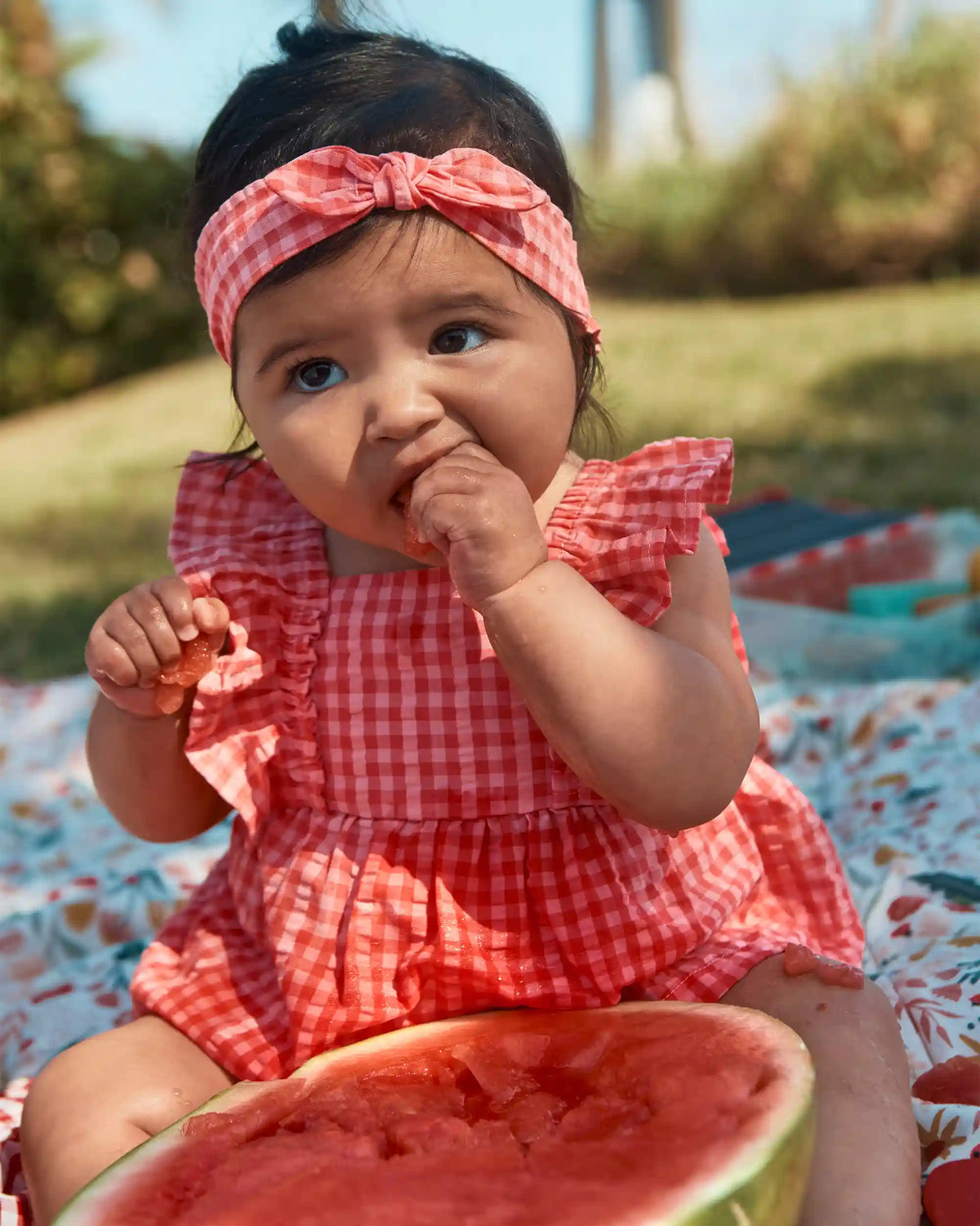 Baby Girl 3-Piece Gingham Top & Short Set - Coral