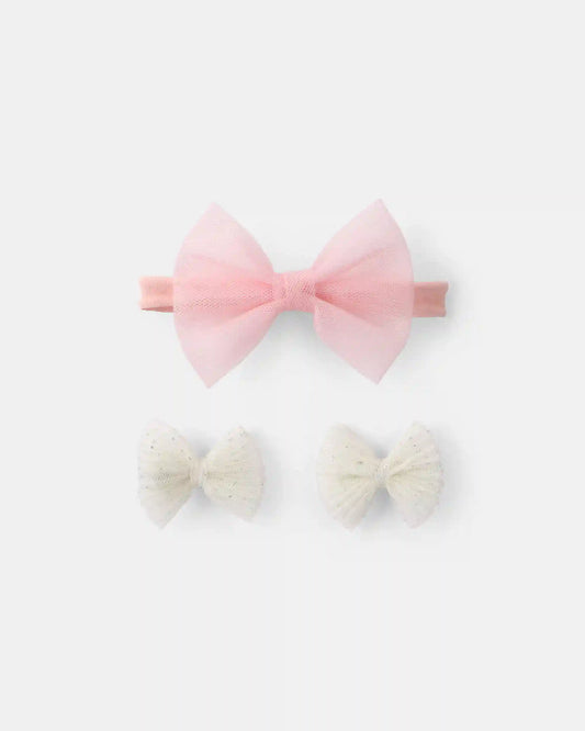 Baby Girl 3-Pack Bow Headwrap & Hair Clips - Pink/Cream
